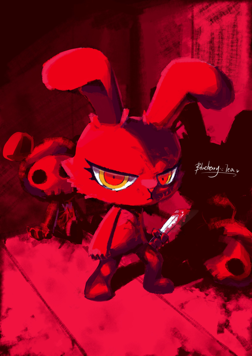 2others 2spot_studio :&lt; absurdres animal_ears artist_name blood bloody_bunny bloody_weapon blueberry_tea closed_mouth commentary_request corpse english_text furry half-closed_eyes heart highres holding holding_knife indoors kinfe knife looking_at_viewer multicolored multicolored_eyes multiple_others rabbit_ears red_eyes red_theme signature skull skull_minion solo_focus weapon yellow_eyes