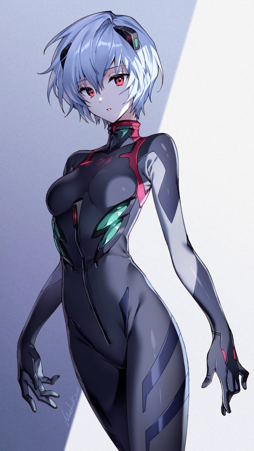 1girl artist_name ayanami_rei bangs black_bodysuit blue_eyes blue_hair bodysuit breasts commentary cowboy_shot evangelion:_3.0_you_can_(not)_redo expressionless hair_between_eyes highres interface_headset looking_at_viewer medium_breasts nardack neon_genesis_evangelion parted_lips pilot_suit plugsuit rebuild_of_evangelion red_eyes shaded_face shadow short_hair signature solo standing tagme