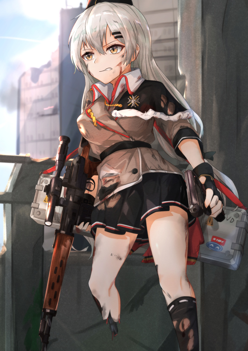 1girl absurdres bangs belt black_gloves black_headwear black_legwear black_skirt blood blood_on_face boots brown_eyes brown_footwear brown_jacket city damaged dragunov_svd eyebrows_visible_through_hair fingerless_gloves girls_frontline gloves grey_hair gun hat highres holding holding_gun holding_weapon jacket long_hair looking_away mechanical_legs mechanical_parts military military_hat military_uniform muteppona_hito rifle shirt silver_hair simple_background single_boot single_mechanical_leg single_thighhigh skirt sniper_rifle solo standing standing_on_one_leg svd_(girls_frontline) thigh-highs torn_clothes uniform weapon weapon_case white_shirt