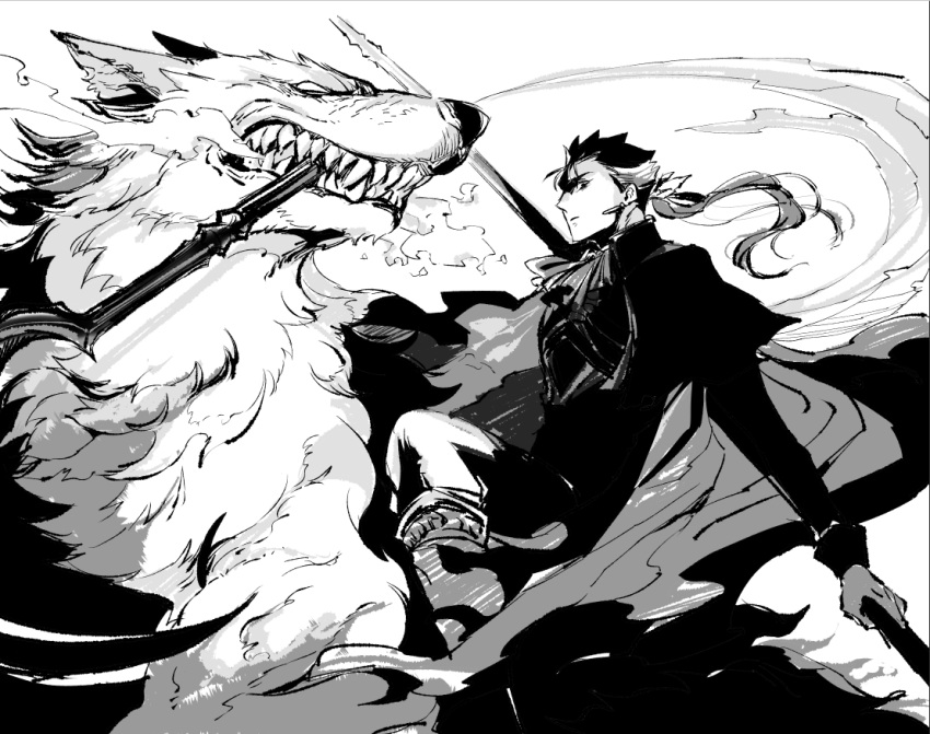 1boy 1other alternate_costume angry blue_hair closed_mouth cu_chulainn_(fate)_(all) fangs fate/grand_order fate/stay_night fate_(series) floating_hair holding holding_polearm holding_weapon lancer lobo_(fate) long_hair male_focus monochrome polearm ponytail riding shibanui smoke spiky_hair weapon wolf