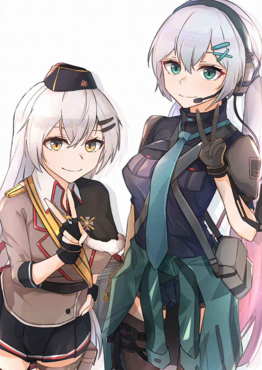 2girls absurdres aqua_eyes aqua_neckwear asymmetrical_legwear bag bangs black_gloves black_headwear black_legwear black_skirt blue_shirt blue_shorts breasts brown_jacket closed_mouth eyebrows_visible_through_hair fingerless_gloves girls_frontline gloves grey_hair hat headphones highres holster jacket long_hair looking_at_viewer lwmmg_(girls_frontline) medium_breasts microphone military_hat multiple_girls muteppona_hito necktie shirt shorts silver_hair skirt smile standing svd_(girls_frontline) thigh-highs weapon_case white_background white_shirt yellow_eyes