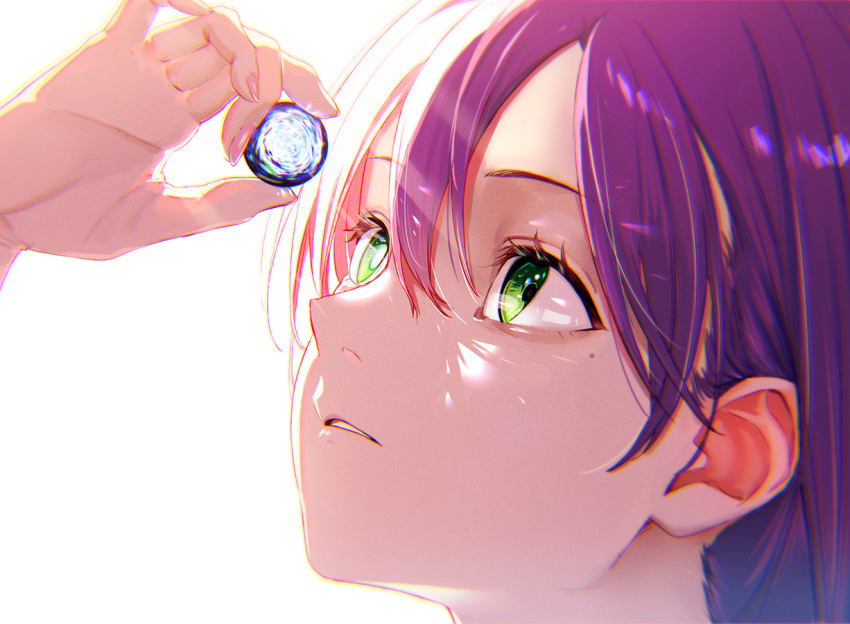 1girl bangs close-up dejio fingernails green_eyes hair_between_eyes holding long_fingernails marble mismatched_pupils mole mole_under_eye nail_polish original parted_lips pink_nails portrait purple_hair short_hair simple_background solo white_background