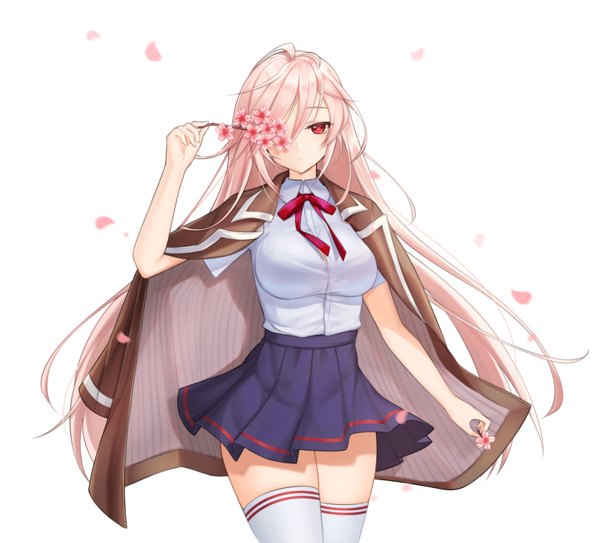 1girl breasts cherry_blossoms highres jacket jacket_on_shoulders kbn317 large_breasts last_origin looking_at_viewer petals pink_hair pleated_skirt red_eyes ribbon school_uniform shirt skirt solo thigh-highs white_legwear white_shirt x-05_emily