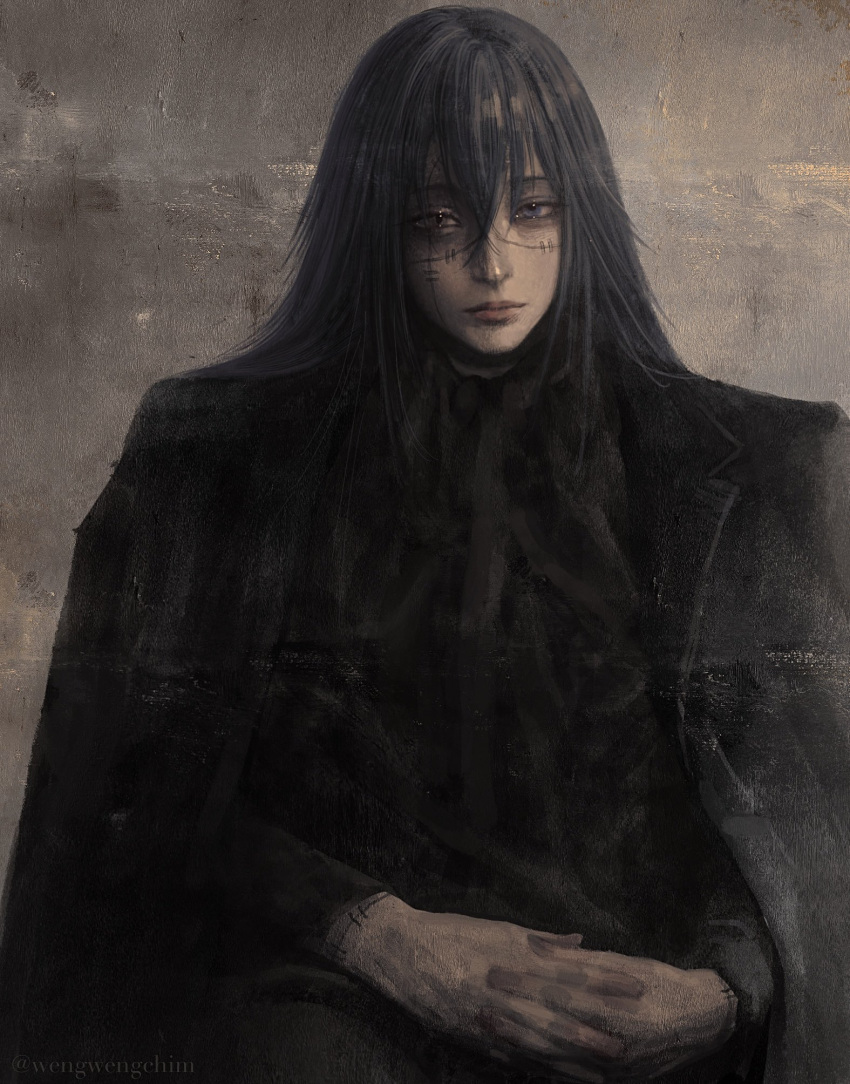 1boy black_coat black_hair black_theme blue_eyes closed_mouth coat coat_on_shoulders hair_between_eyes hands_together highres jujutsu_kaisen long_hair looking_at_viewer mahito_(jujutsu_kaisen) male_focus painterly photo-referenced scar scar_on_face solo twitter_username wengwengchim