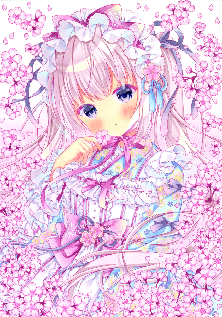 1girl :o apron black_ribbon blue_kimono blush bonnet bow commentary eyebrows_visible_through_hair floral_print flower frilled_apron frills hair_ribbon highres holding holding_flower japanese_clothes kimono lolita_fashion long_hair looking_at_viewer marker_(medium) original parted_lips pink_bow pink_flower pink_hair pink_theme puu_(kari---ume) ribbon shiny shiny_hair simple_background solo symbol_commentary traditional_media two_side_up violet_eyes wa_lolita white_apron white_background