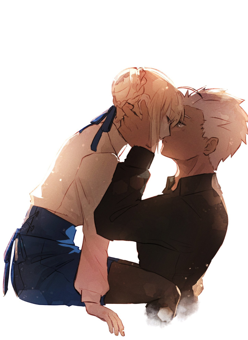 1boy 1girl ahoge archer_(fate) artoria_pendragon_(all) blonde_hair blouse blue_skirt blush couple dark_skin dark_skinned_male fate/stay_night fate_(series) hair_bun hetero highres imminent_kiss saber short_hair skirt spiky_hair white_blouse white_hair y_udumi