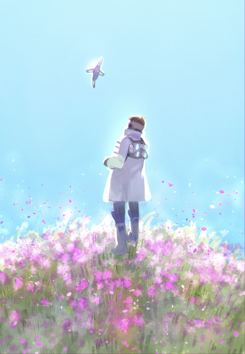 1boy absurdres apex_legends black_hair black_pants boots crypto_(apex_legends) drone flower flying grass grey_jacket hack_(apex_legends) highres jacket kawaniwa looking_up male_focus pants pink_flower scenery science_fiction sky solo_focus standing