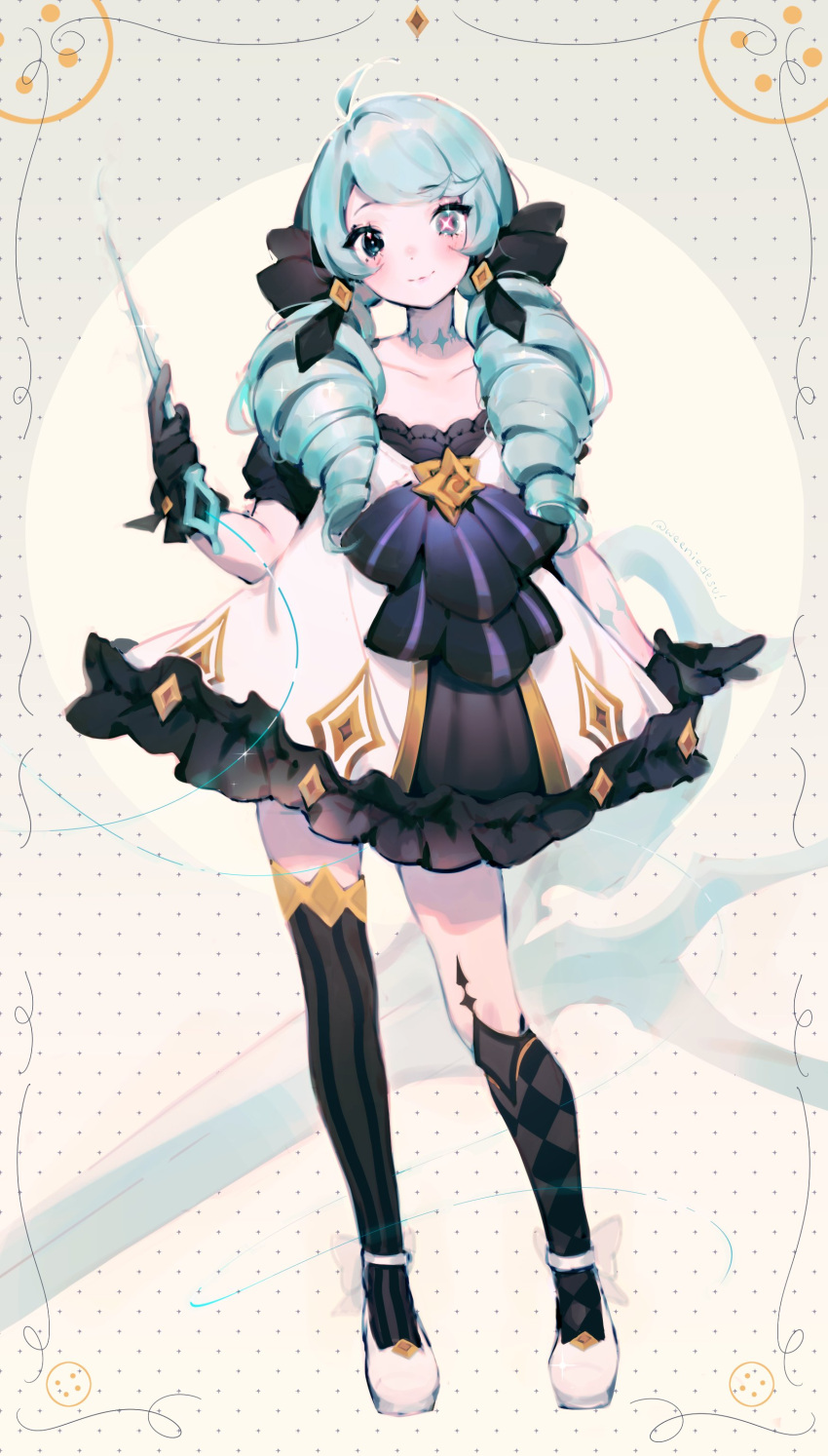 1girl absurdres bangs black_gloves blue_eyes blue_hair blush collarbone dress drill_hair eyebrows_visible_through_hair gloves gwen_(league_of_legends) highres holding holding_scissors league_of_legends mole mole_under_eye open_hand scissors single_thighhigh smile solo thigh-highs twin_drills twintails weeniedesu white_dress