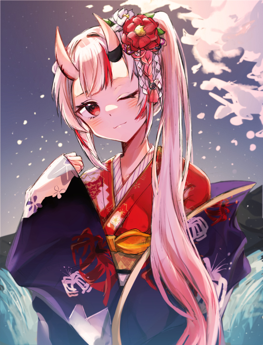 1girl absurdres asymmetrical_hair black_robe blush breasts closed_mouth commentary cowboy_shot floral_print flower flower_knot gradient_hair hair_flower hair_ornament head_tilt highres hololive horns huge_filesize japanese_clothes kimono kuukip long_hair looking_at_viewer multicolored_hair nakiri_ayame night obi one_eye_closed oni_horns outdoors petals red_eyes red_kimono redhead sash side_ponytail silver_hair small_breasts smile solo spider_lily streaked_hair two-tone_hair virtual_youtuber