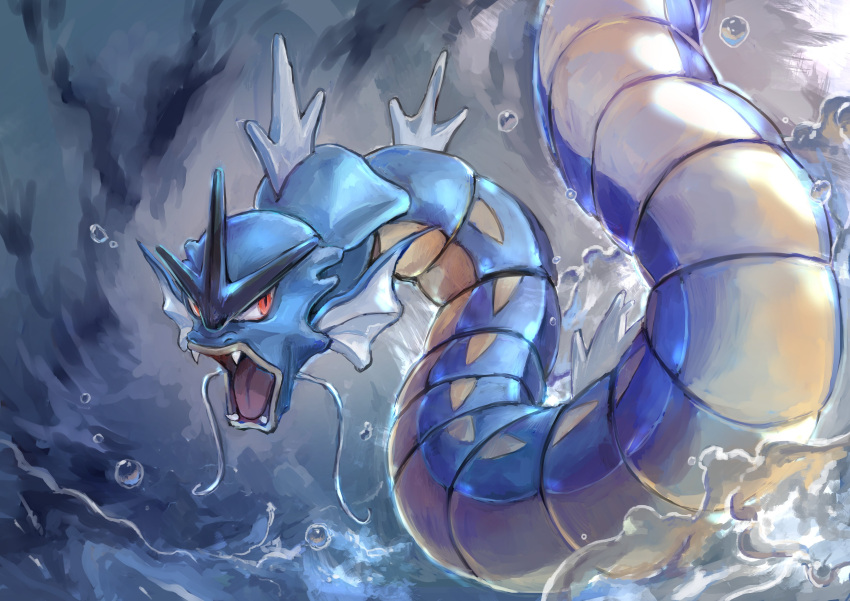 absurdres animal_focus blue_theme bubble commentary day_walker1117 fangs from_behind gen_1_pokemon gyarados highres looking_to_the_side no_humans open_mouth outdoors pokemon pokemon_(creature) red_eyes solo tongue water