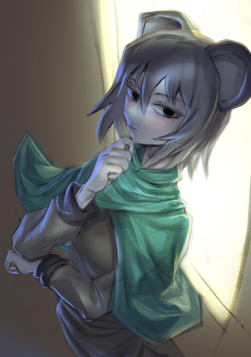 1girl absurdres animal_ears bangs black_eyes blush closed_mouth colored_skin commentary_request cookie_(touhou) cowboy_shot dress finger_to_own_chin green_capelet grey_background grey_dress grey_hair hair_between_eyes hakonnbo highres long_sleeves looking_at_viewer mouse_ears nazrin nyon_(cookie) short_hair solo touhou white_skin