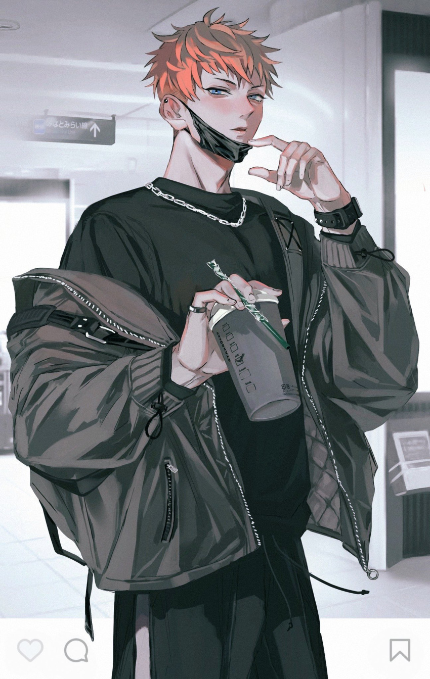 1boy alternate_costume black_jacket black_pants black_shirt blue_eyes busujima_riou_mason chain_necklace coffee_cup commentary_request cowboy_shot cup disposable_cup drawstring drinking_straw ear_piercing fingernails highres holding holding_cup hypnosis_mic jacket jewelry long_sleeves looking_at_viewer male_focus mask mask_pull mouth_mask orange_hair pants piercing pinky_ring pocket ring shirt short_hair solo standing tokeru undercut unzipped watch watch zipper