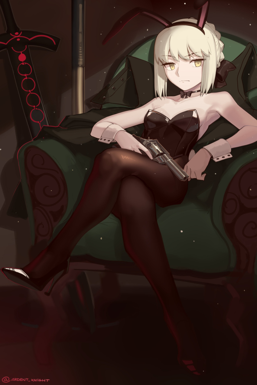 1girl absurdres alternate_costume animal_ears artoria_pendragon_(all) bare_shoulders black_ribbon boa_(brianoa) braid breasts chair crossed_legs detached_collar excalibur_morgan_(fate) fate/stay_night fate_(series) french_braid high_heels highres jacket jacket_removed looking_at_viewer pantyhose rabbit_ears revolver ribbon saber_alter small_breasts solo sword twitter_username type-moon weapon wrist_cuffs yellow_eyes