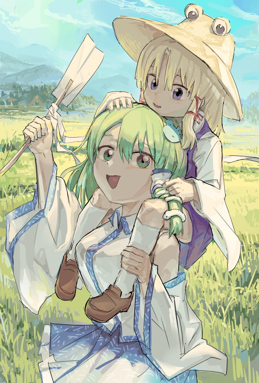 absurdres bangs blonde_hair blue_skirt blue_sky breasts brown_footwear carrying collared_shirt commentary_request cowboy_shot day detached_sleeves field frog_hair_ornament full_body gohei green_eyes green_hair hair_between_eyes hair_ornament hair_tubes hakonnbo hat highres kochiya_sanae long_hair long_sleeves looking_at_another looking_at_viewer medium_breasts medium_hair moriya_suwako nontraditional_miko open_mouth outdoors parted_bangs purple_skirt purple_vest shirt shoes shoulder_carry skirt skirt_set sky sleeveless sleeveless_shirt smile snake_hair_ornament socks touhou turtleneck vest white_legwear white_shirt wide_sleeves