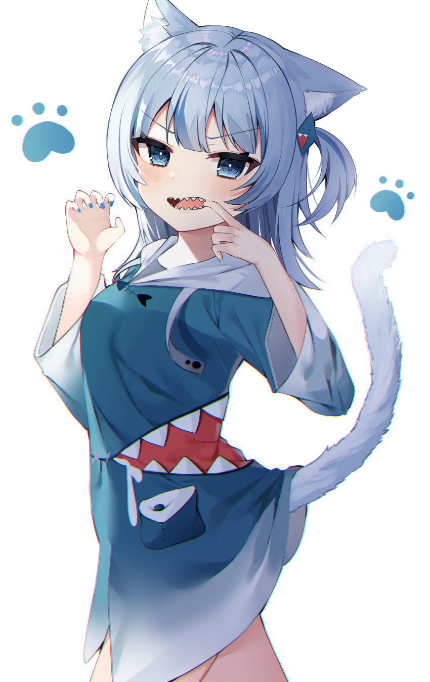 1girl absurdres animal_ear_fluff animal_ears bangs blue_eyes blue_hair blue_hoodie blue_nails blush breasts cat_ears cat_tail claw_pose commentary eyebrows_visible_through_hair fingernails gawr_gura hair_ornament highres hololive hololive_english hood hoodie kemonomimi_mode looking_at_viewer mouth_pull nail_polish nannung open_mouth shark_hair_ornament sharp_teeth small_breasts solo standing tail tail_raised teeth