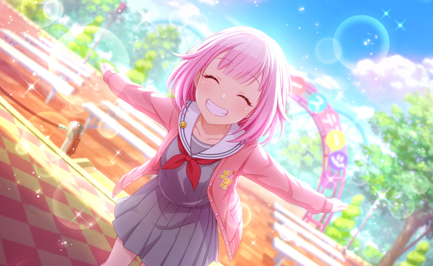 1girl bench blush closed_eyes day dress looking_at_viewer official_art ootori_emu pink_hair project_sekai school_uniform short_hair smile solo sparkle tree