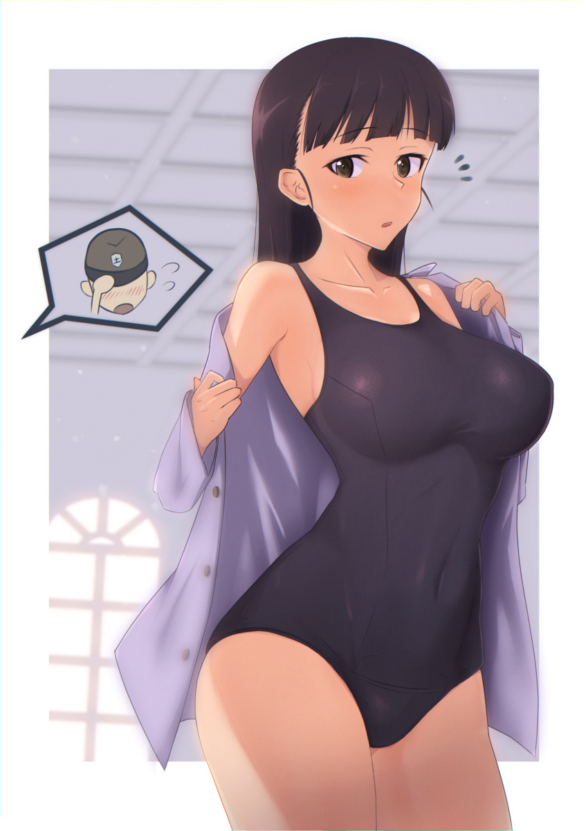 1boy 1girl bangs black_eyes black_hair blue_swimsuit blush breasts collarbone covered_navel eyepatch eyepatch_removed highres indoors large_breasts long_hair one-piece_swimsuit sakamoto_mio school_swimsuit shiny shiny_hair solo_focus standing strike_witches swimsuit taut_clothes taut_swimsuit varie7k world_witches_series