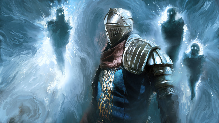 1other absurdres ambiguous_gender armor blue_background blue_theme chosen_undead creature dark_souls english_commentary full_armor gauntlets gazedsoul helm helmet highres humanity_(dark_souls) knight looking_at_another pauldrons shield shiny shoulder_armor shoulder_plates souls_(from_software) sword weapon white_background