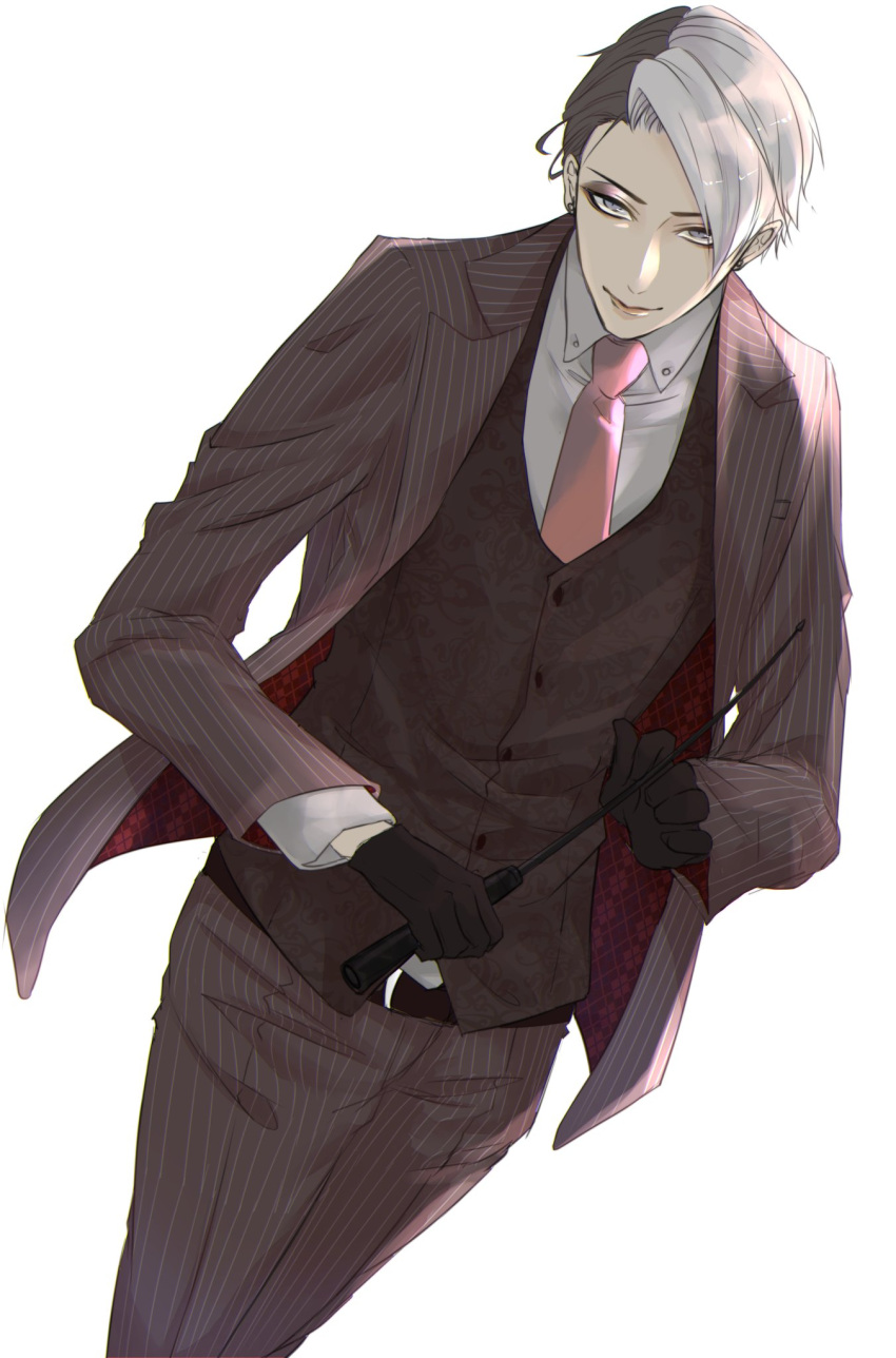 1boy ameyu_(ame12y) black_gloves black_hair black_vest divus_crewel gloves grey_eyes highres long_sleeves male_focus multicolored_hair necktie pinstripe_pattern pointer simple_background solo standing striped twisted_wonderland two-tone_hair vest white_background white_hair