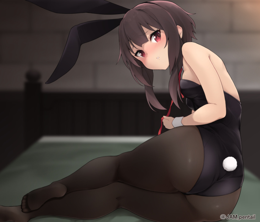 1girl animal_ears ass bangs bare_arms bed black_legwear black_leotard blurry blurry_background blush breasts brown_hair bunny_girl bunny_tail fake_animal_ears foreshortening from_behind from_side jampen kono_subarashii_sekai_ni_shukufuku_wo! leotard looking_at_viewer looking_back medium_breasts megumin no_shoes nose_blush on_bed pantyhose parted_lips playboy_bunny rabbit_ears red_eyes short_hair_with_long_locks small_breasts solo strapless strapless_leotard tail wrist_cuffs