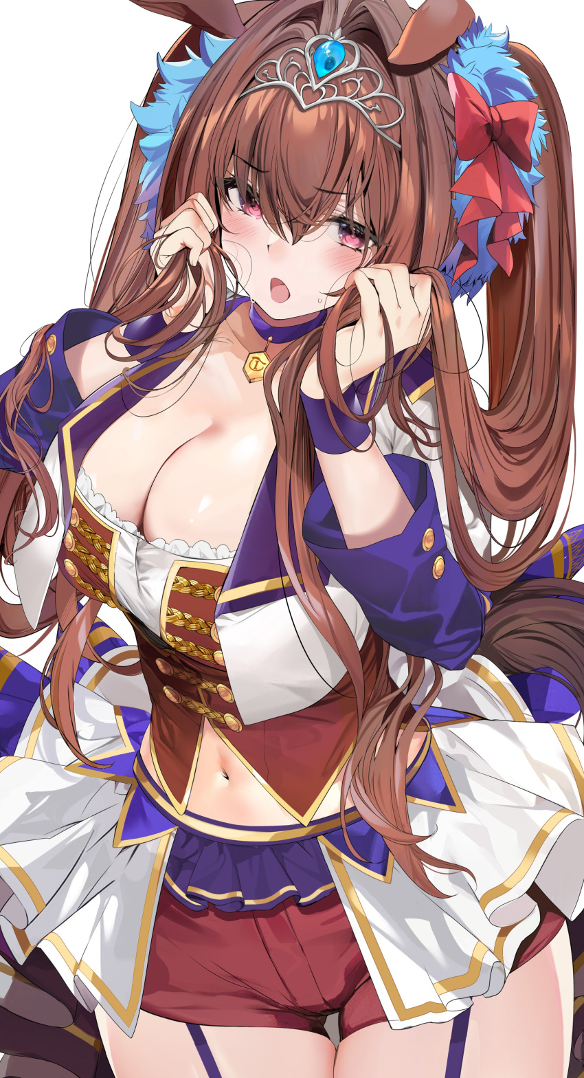1girl absurdres animal_ears breasts brown_hair corset daiwa_scarlet_(umamusume) fang garter_straps highres horse_ears horse_girl horse_tail large_breasts long_hair marushin_(denwa0214) navel open_clothes open_skirt red_eyes shorts skirt solo tail tiara twintails umamusume very_long_hair wristband