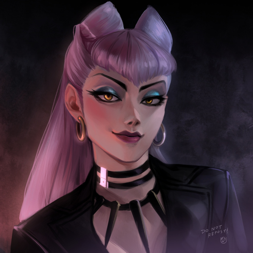 1girl earrings evelynn_(league_of_legends) formal highres hoop_earrings jewelry k/da_(league_of_legends) kaohom503 league_of_legends lipstick long_hair looking_at_viewer makeup silver_hair smirk solo suit the_baddest_evelynn yellow_eyes