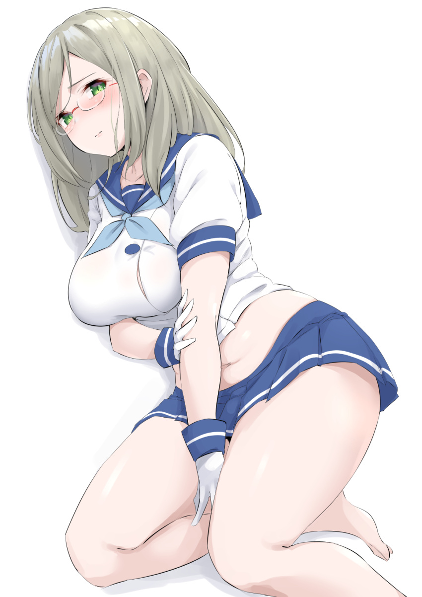 1girl alternate_costume bangs blue_neckwear blue_sailor_collar blue_skirt blush breasts cosplay cowboy_shot etorofu_(kancolle) etorofu_(kancolle)_(cosplay) glasses gloves green_eyes hair_down highres kantai_collection katori_(kancolle) large_breasts looking_at_viewer lying neckerchief on_side parted_bangs pleated_skirt rimless_eyewear sailor_collar shirt short_sleeves silver_hair skirt solo takomeshi undersized_clothes white_gloves white_shirt