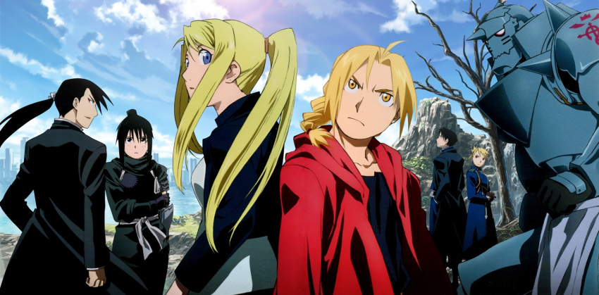 alphonse_elric armor back-to-back black_hair black_jacket blonde_hair blue_eyes clouds cloudy_sky edward_elric full_armor fullmetal_alchemist highres jacket lan_fan ling_yao official_art ponytail red_jacket riza_hawkeye roy_mustang sky third-party_edit winry_rockbell yellow_eyes
