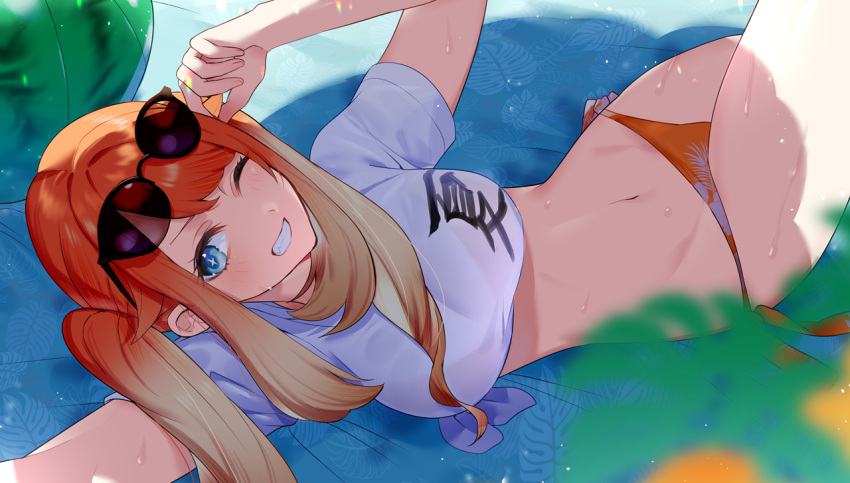 1girl bikini blonde_hair blue_eyes breasts eyewear_on_head grin long_hair looking_at_viewer lying on_back one_eye_closed orange_bikini orange_hair original smile solo sunglasses suusuke swimsuit swimwear twintails wet