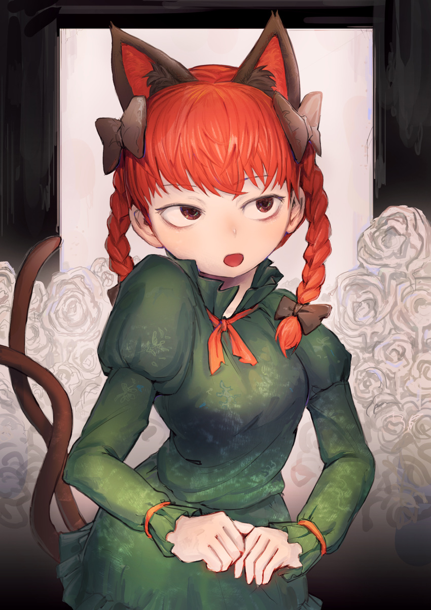 1girl absurdres animal_ear_fluff animal_ears bangs black_bow bow braid breasts cat_ears commentary_request cowboy_shot dress extra_ears flower frilled_sleeves frills green_dress hair_bow hakonnbo highres juliet_sleeves kaenbyou_rin long_hair long_sleeves looking_to_the_side medium_breasts multiple_tails nekomata open_mouth puffy_sleeves red_eyes redhead solo tail touhou twin_braids white_flower