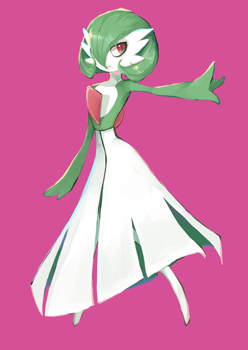 1girl absurdres arm_up bangs blueberry_tea bob_cut closed_mouth collarbone colored_skin commentary flat_chest full_body gardevoir gen_3_pokemon green_hair green_skin hair_over_one_eye highres legs_apart looking_to_the_side multicolored multicolored_skin outstretched_arm pink_background pokemon pokemon_(creature) red_eyes shiny shiny_hair short_hair simple_background solo standing two-tone_skin white_skin