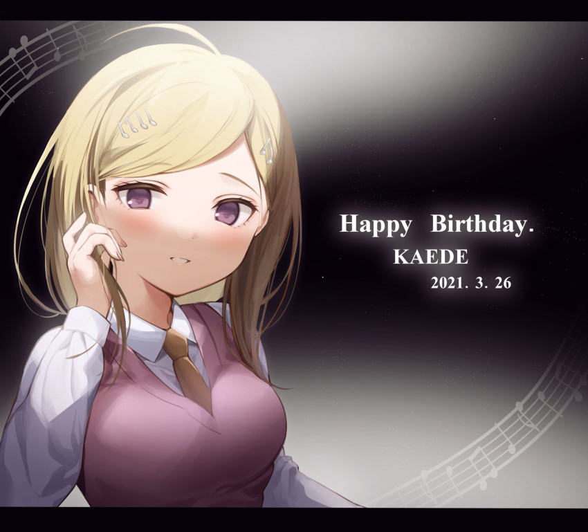 1girl adjusting_hair ahoge akamatsu_kaede bangs beamed_eighth_notes blonde_hair blush breasts character_name collared_shirt commentary_request dangan_ronpa_(series) dangan_ronpa_v3:_killing_harmony dated eighth_note hair_ornament hand_in_hair hand_up happy_birthday highres large_breasts letterboxed long_hair long_sleeves looking_at_viewer musical_note musical_note_hair_ornament necktie parted_lips pink_vest quarter_note shirt smile solo sweater_vest teeth usanta vest violet_eyes white_shirt