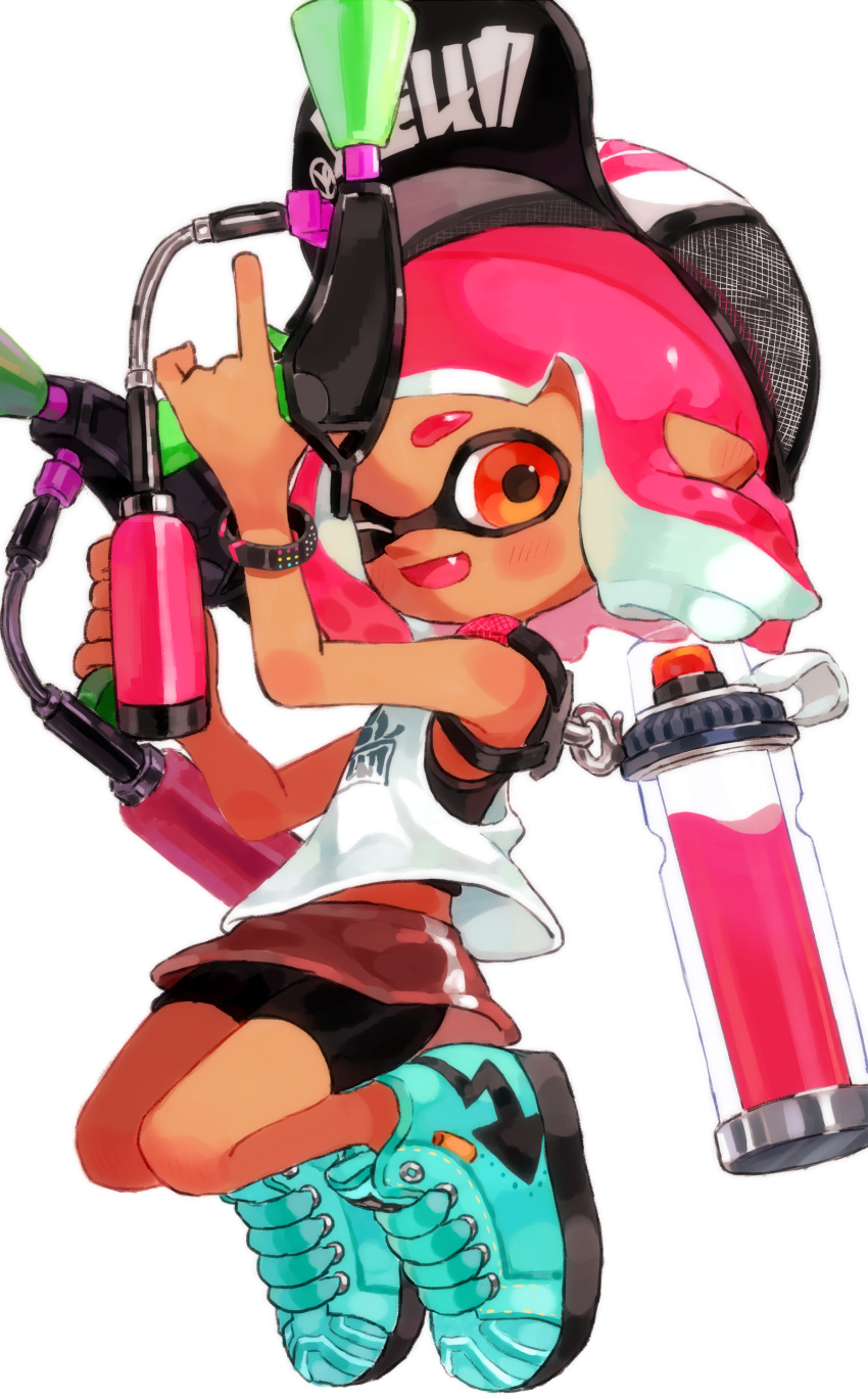 1girl absurdres aqua_footwear baseball_cap basketball_jersey bike_shorts black_headwear black_shorts bob_cut bracelet commentary domino_mask dual_wielding fang floating full_body grey_skirt hat highres holding holding_weapon ink_tank_(splatoon) inkling inkling_(language) jewelry looking_at_viewer mask miniskirt myon_rio one_eye_closed open_mouth orange_eyes pink_hair pointy_ears shirt shoes short_hair shorts shorts_under_skirt simple_background single_vertical_stripe skirt smile sneakers solo splat_dualies_(splatoon) splatoon_(series) splatoon_2 straight-laced_footwear tank_top tentacle_hair weapon white_background white_shirt