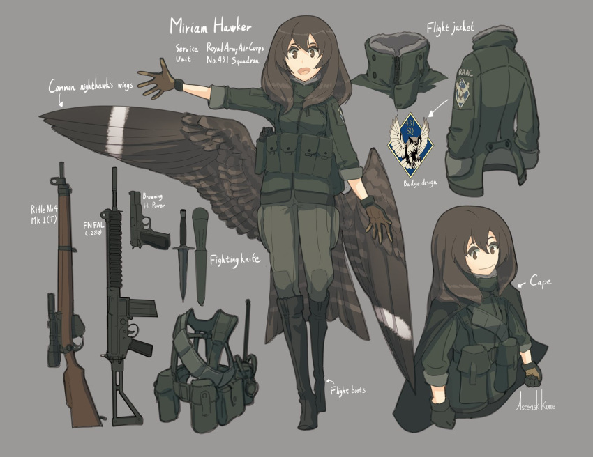 1girl assault_rifle asterisk_kome battle_rifle black_footwear boots brown_eyes brown_gloves brown_hair brown_wings browning_hi-power character_name english_text feathered_wings fn_fal full_body gloves green_jacket green_pants grey_background gun handgun highres jacket knife lee-enfield load_bearing_vest long_hair looking_at_viewer miriam_hawker multiple_views pants pistol rifle signature simple_background sniper_rifle weapon winged_fusiliers wings
