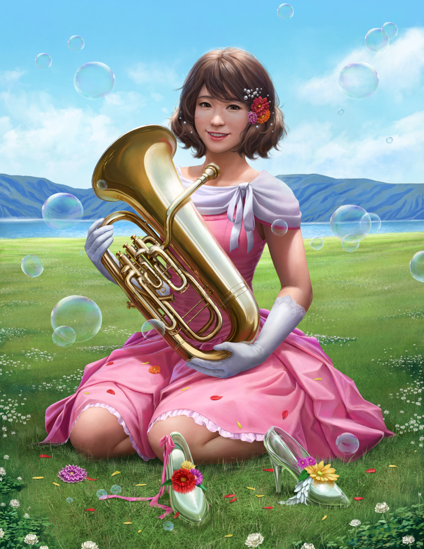 1girl beads blue_sky brown_eyes brown_hair clouds derivative_work dress euphonium flower frilled_dress frills full_body glass_slipper gloves grass hair_beads hair_flower hair_ornament hibike!_euphonium highres instrument lake mountain oumae_kumiko pink_dress realistic red_lips sky smile solo triximity white_gloves