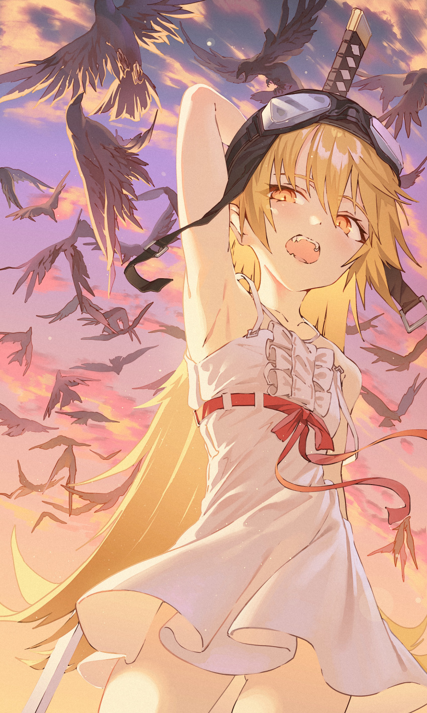 1girl arm_up armpits aviator_cap bakemonogatari bird black_headwear blonde_hair blush clouds commentary_request cowboy_shot dress evening frilled_dress frills from_below gradient_sky highres holding holding_sword holding_weapon hong katana long_hair looking_at_viewer looking_down monogatari_(series) open_mouth orange_eyes oshino_shinobu outdoors red_ribbon ribbon sky solo straight_hair strap_slip sword upper_teeth very_long_hair weapon white_dress