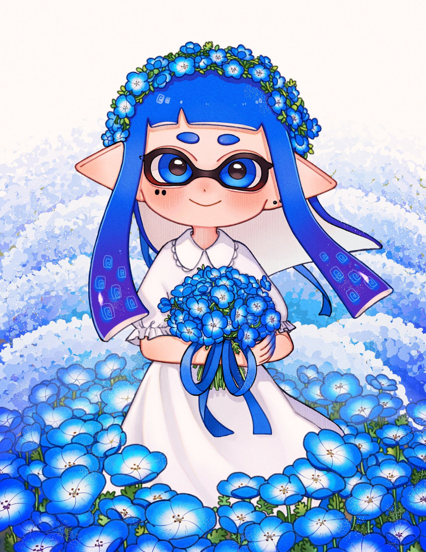 1girl aoaza_83 bangs blue_flower blunt_bangs blunt_ends bouquet closed_mouth collared_dress commentary domino_mask dress earrings field flower flower_field frilled_sleeves frills head_wreath highres holding holding_bouquet inkling jewelry long_dress long_hair looking_at_viewer mask nemophila_(flower) pointy_ears short_sleeves smile solo splatoon_(series) standing stud_earrings tentacle_hair white_dress