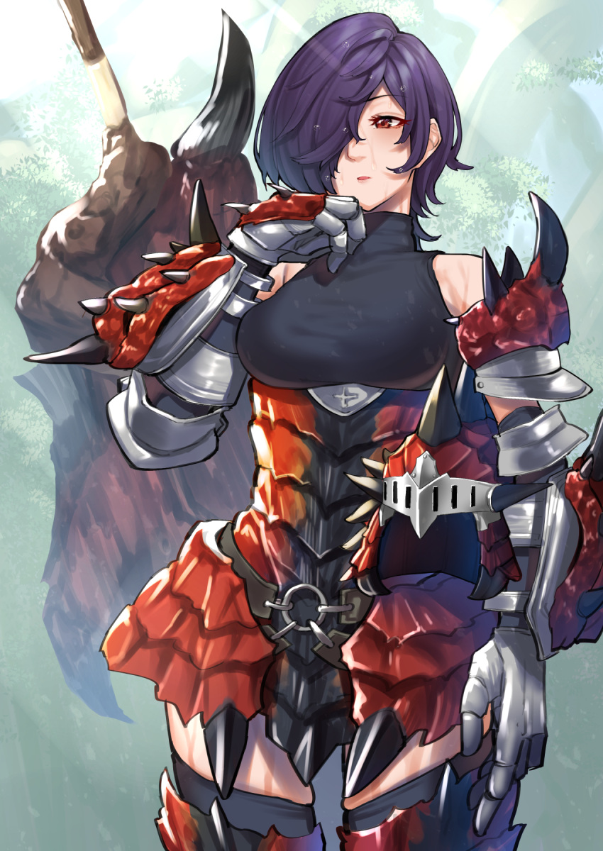 1girl armor armored_boots boots breasts commentary_request cowboy_shot faulds gauntlets greatsword hair_over_one_eye headwear_removed helmet helmet_removed highres medium_breasts mikan_(chipstar182) monster_hunter_(series) original purple_hair rathalos_(armor) red_eyes short_hair skindentation solo standing sweat thigh-highs thigh_boots weapon weapon_on_back