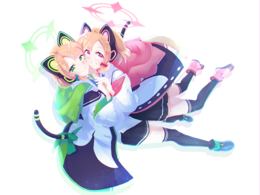 2girls absurdres blue_archive cat_ear_headphones cat_tail cheek-to-cheek full_body green_eyes hair_ribbon halo headphones highres holding_hands jacket looking_at_viewer midori_(blue_archive) momoi_(blue_archive) multiple_girls red_eyes ribbon school_uniform shi0n_krbn siblings sidelocks smile tail thigh-highs twins twintails white_background