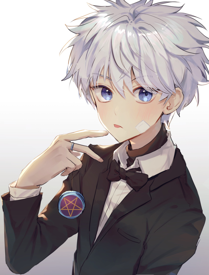 1boy arm_at_side bandage_on_face bandages bangs black_bow black_jacket black_neckwear black_suit blue_eyes blush bow bowtie collared_shirt commentary eyebrows_visible_through_hair formal gradient gradient_background hair_between_eyes hand_up highres holding hunter_x_hunter jacket jewelry killua_zoldyck long_sleeves looking_at_viewer male_focus messy_hair mmo_(mmo_omm938) ring shiny shiny_hair shirt short_hair simple_background solo spiky_hair star_(symbol) suit tongue tongue_out turtleneck undershirt upper_body white_hair white_shirt yo-yo