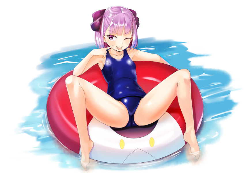 1girl bangs bare_shoulders blue_swimsuit breasts collarbone covered_navel fate/grand_order fate_(series) goggles goggles_on_head helena_blavatsky_(fate) helena_blavatsky_(swimsuit_archer)_(fate) highres innertube looking_at_viewer one-piece_swimsuit purple_hair school_swimsuit senbon_tsuki short_hair sitting small_breasts spread_legs swimsuit thighs violet_eyes