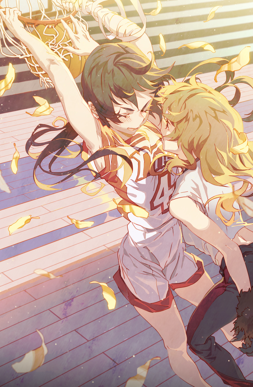 2girls absurdres animal_hand arms_up bandages basketball basketball_hoop basketball_uniform black_hair blonde_hair blush closed_eyes hanamonogatari highres hong kanbaru_suruga leaf long_hair looking_at_another messy_hair monogatari_(series) multiple_girls numachi_rouka open_mouth sportswear