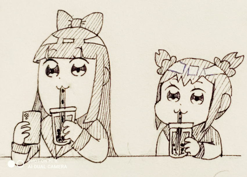 2girls :3 bangs bkub_(style) blueberry_tea blunt_bangs bow bubble_tea cellphone closed_mouth commentary_request cup disposable_cup drink drinking drinking_straw english_text eyebrows_visible_through_hair flat_chest greyscale hair_bow hand_up hands_up highres hime_cut holding holding_phone long_hair long_sleeves monochrome multiple_girls phone pipimi poptepipic popuko sailor_collar school_uniform serafuku shiny shiny_hair sidelocks simple_background sitting sketch traditional_media upper_body watermark white_background