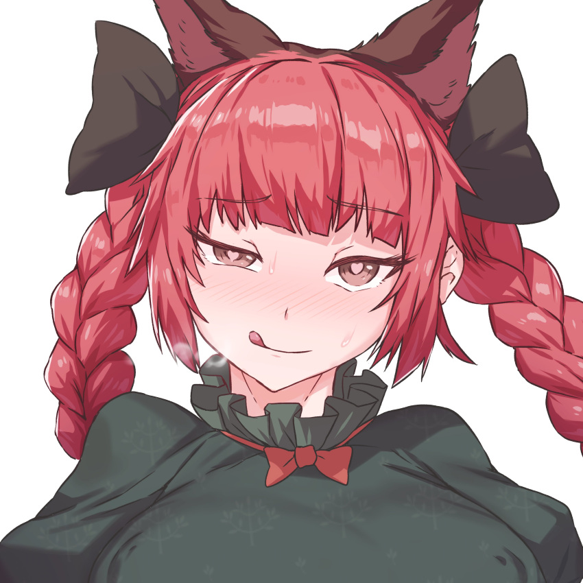 1girl :q absurdres animal_ears bangs black_bow black_ribbon blunt_bangs blush border bow bowtie braid breasts bright_pupils cat_ears commentary_request covered_nipples dress extra_ears eyebrows_visible_through_hair face green_dress hair_bow hair_ribbon heart heart-shaped_pupils highres juliet_sleeves kaenbyou_rin large_breasts long_hair long_sleeves looking_at_viewer nose_blush pink_eyes puffy_sleeves red_bow red_neckwear redhead ribbon senmuts simple_background solo sweat symbol-shaped_pupils tongue tongue_out touhou translation_request twin_braids twintails uneven_eyes white_background