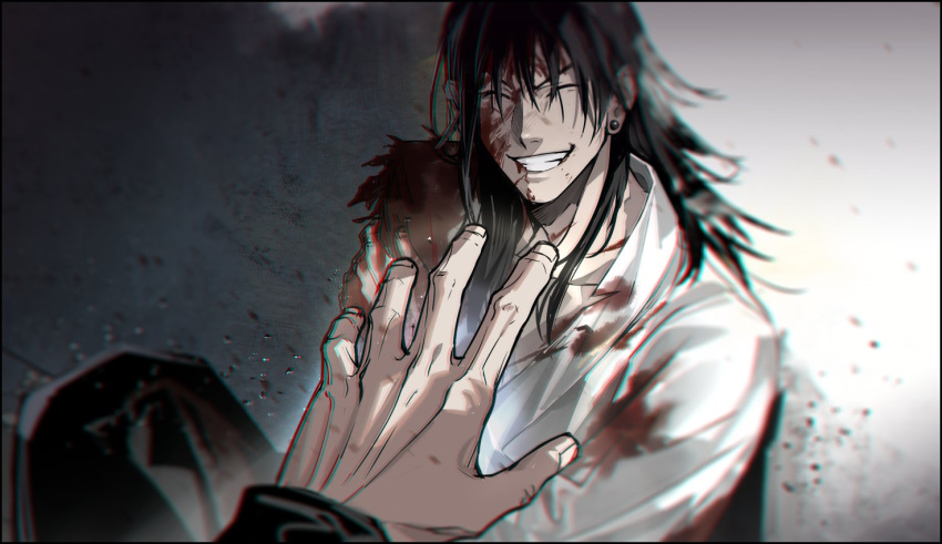 ^_^ bangs black_hair black_pants blood blood_on_face bloody_clothes closed_eyes collarbone ear_piercing facing_viewer getou_suguru gojou_satoru grin hair_between_eyes jujutsu_kaisen long_hair missing_limb open_hand pants piercing pov pov_hands shirt sitting smile spoilers tekla white_shirt