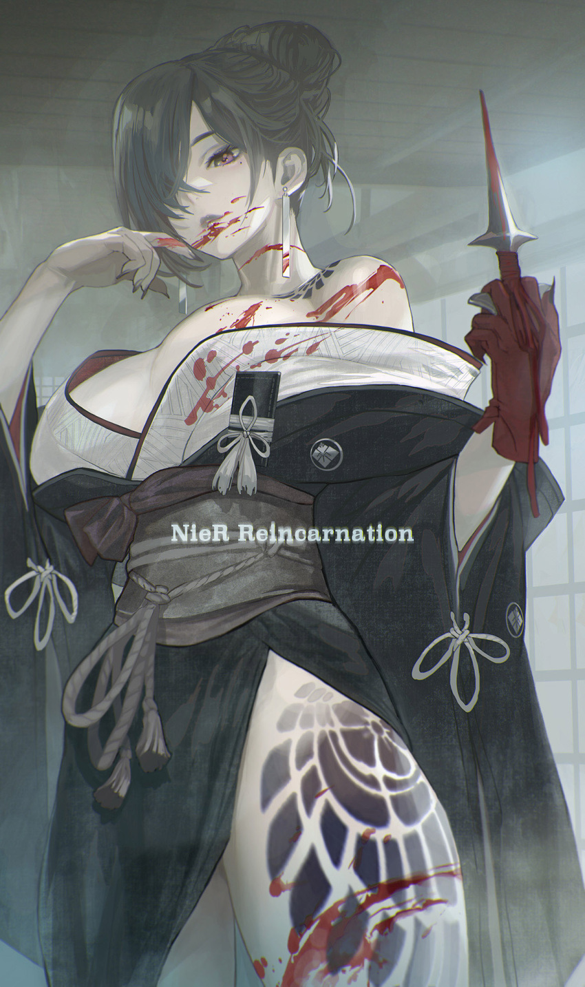 1girl akeha_(nier_reincarnation) bare_shoulders black_nails blood blood_on_face bloody_clothes bloody_hands bloody_weapon blue_lips copyright_name earrings film_grain fingernails gloves grey_hair hair_bun hair_over_one_eye highres holding holding_weapon indoors japanese_clothes jewelry kimono leg_tattoo long_fingernails long_sleeves maeshima_shigeki medium_hair mole mole_under_eye nier_(series) nier_reincarnation parted_lips red_gloves sharp_fingernails solo tattoo violet_eyes weapon wide_sleeves