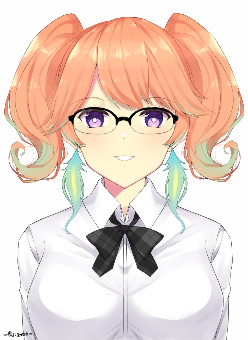1girl absurdres alternate_hairstyle bespectacled danraku earrings feather_earrings feathers glasses gradient_hair grin highres hololive hololive_english jewelry looking_at_viewer multicolored_hair orange_hair semi-rimless_eyewear shirt simple_background smile solo takanashi_kiara twintails upper_body violet_eyes white_background white_shirt