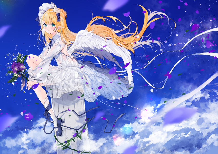1girl blonde_hair blue_footwear blue_ribbon blue_sky blush clouds collared_dress commentary_request day dress feathered_wings flower from_side green_eyes high_heels holding holding_flower long_hair long_sleeves looking_at_viewer looking_to_the_side neck_ribbon original outdoors parted_lips petals pillar puffy_long_sleeves puffy_sleeves purple_flower ribbon see-through shoes sitting sky sleeves_past_wrists socks solo umino_mizu very_long_hair white_dress white_legwear white_wings wings
