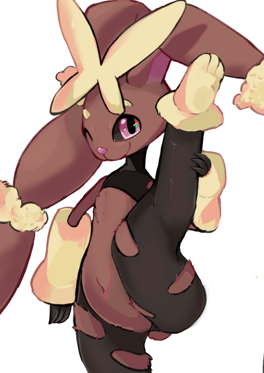 1girl absurdres animal_ears animal_nose black_legwear black_sclera blueberry_tea body_fur brown_fur bunny_tail chinese_commentary closed_mouth colored_sclera commentary_request cowboy_shot flat_chest furry gen_4_pokemon happy highres leg_up looking_at_viewer lopunny mega_lopunny mega_pokemon navel one_eye_closed pantyhose paws pink_eyes pokemon pokemon_(creature) rabbit_ears rabbit_girl simple_background smile solo split sports_bra standing standing_on_one_leg standing_split stomach tail torn_clothes torn_legwear white_background