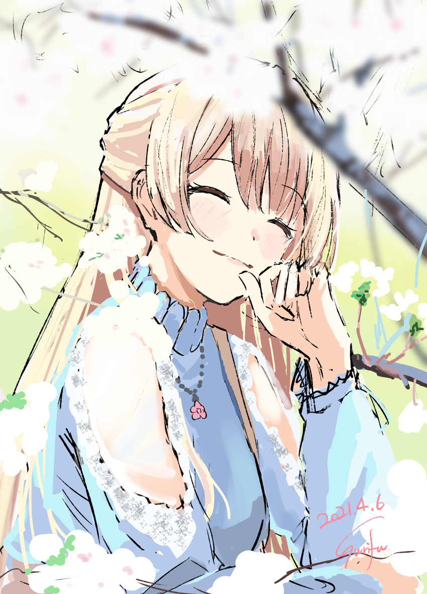 1girl ^_^ absurdres bang_dream! bangs bare_shoulders blonde_hair blue_shirt blurry blurry_background blurry_foreground blush_stickers closed_eyes closed_mouth clothing_cutout commentary_request dated depth_of_field eyebrows_visible_through_hair facing_viewer flower flower_necklace gurifu hand_up highres jewelry long_sleeves necklace puffy_long_sleeves puffy_sleeves shirasagi_chisato shirt shoulder_cutout signature sketch smile solo tree_branch turtleneck upper_body white_flower